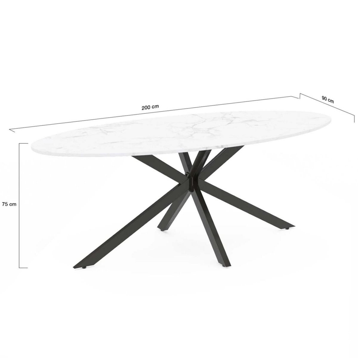 ID MARKET Table à manger ovale ALIX 10 personnes pied araignée noir et plateau effet marbre blanc ALASKA 200 cm
