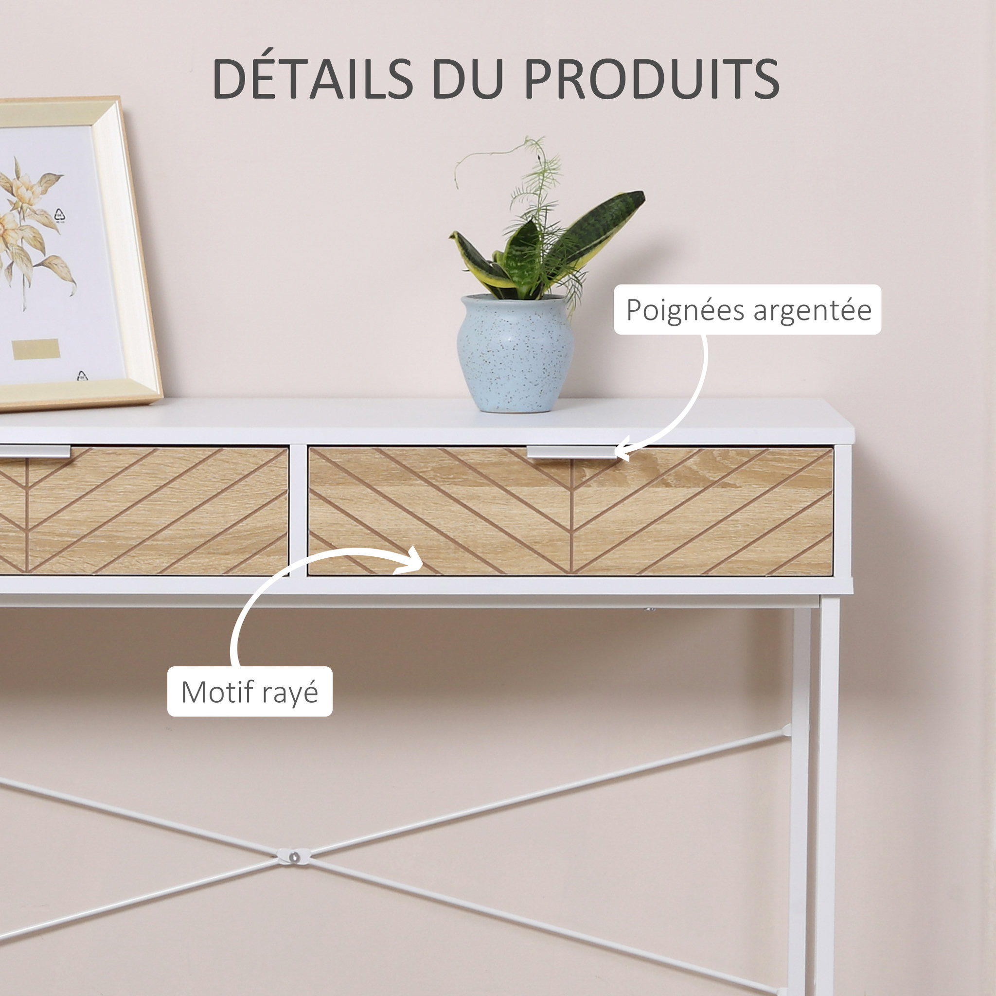Voir la diapositive 6 : HOMCOM Table console industriel 2 tiroirs aspect bois de chêne sculpté motif à chevrons piètement métal blanc