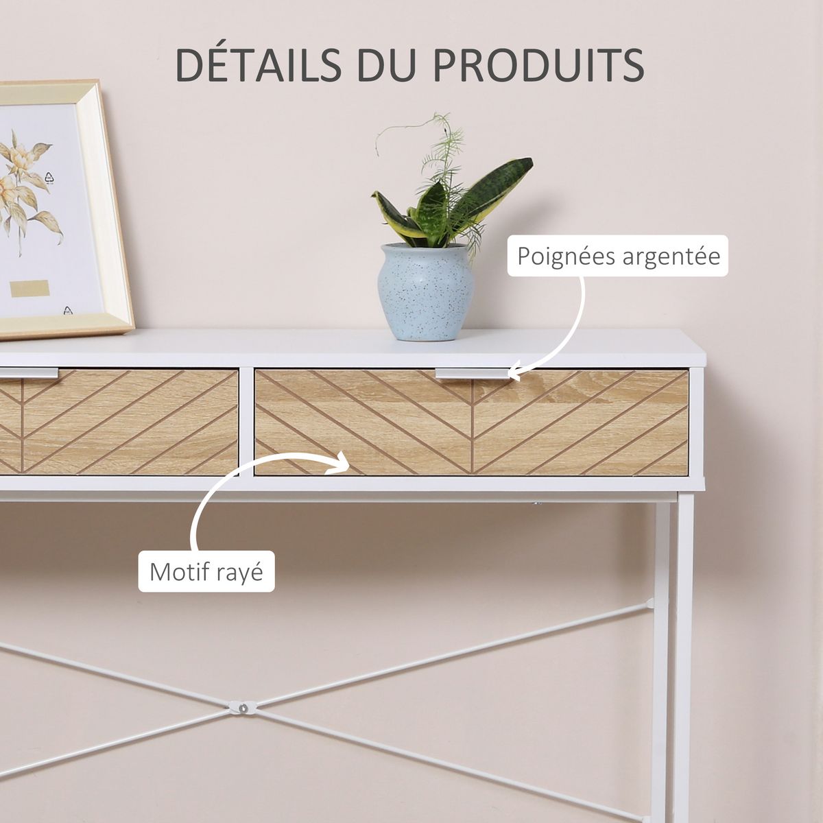 HOMCOM Table console industriel 2 tiroirs aspect bois de chêne sculpté motif à chevrons piètement métal blanc