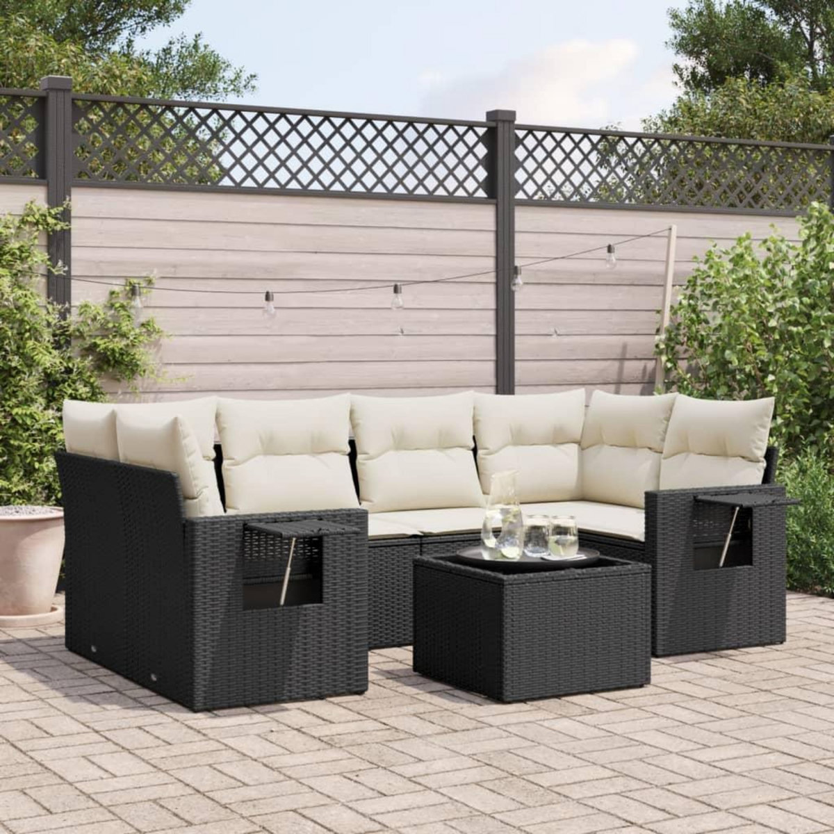VIDAXL Salon de jardin 7 pcs avec coussins noir resine tressee