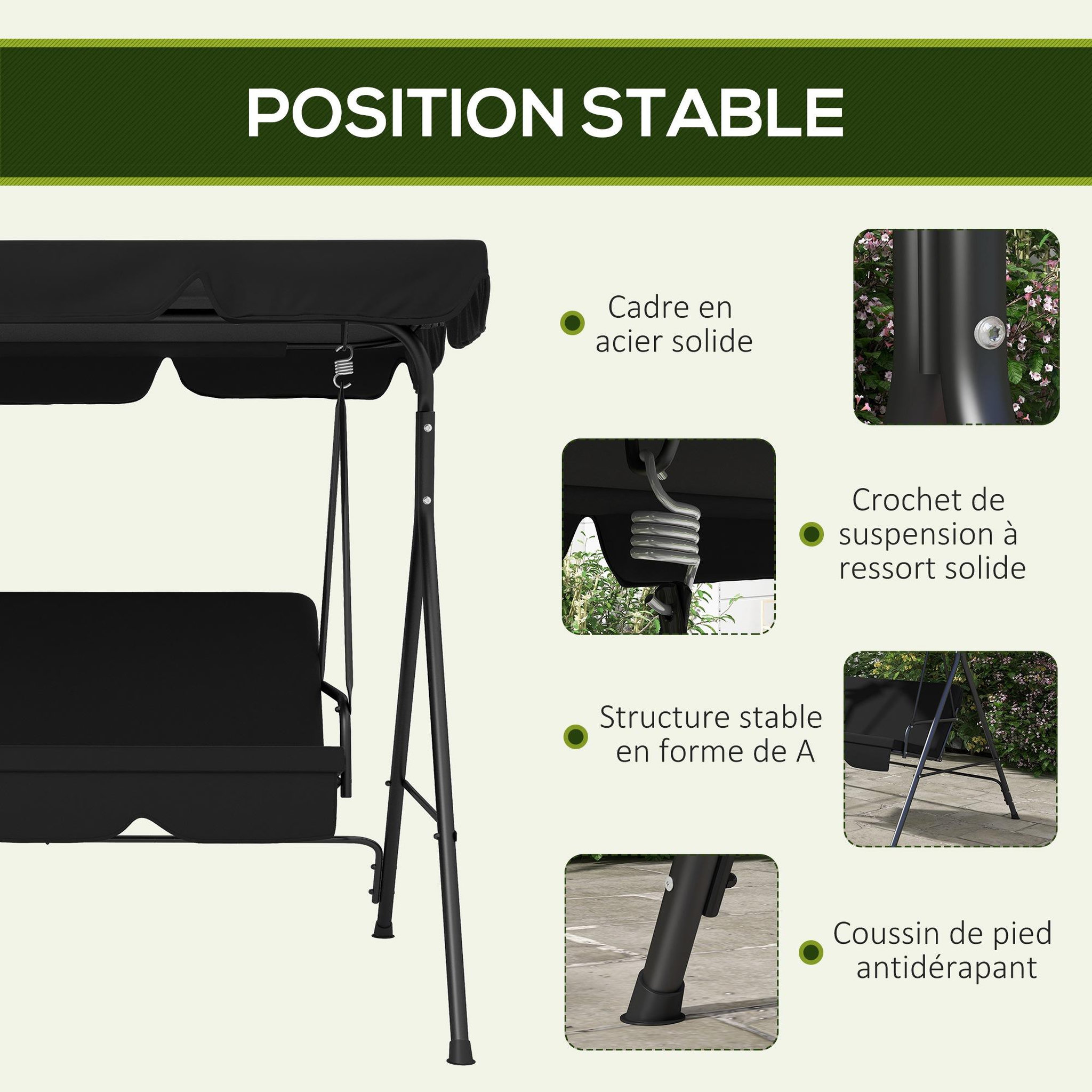 Voir la diapositive 5 : OUTSUNNY Balancelle de jardin 3 places toit réglable coussins assise dossier acier polyester noir