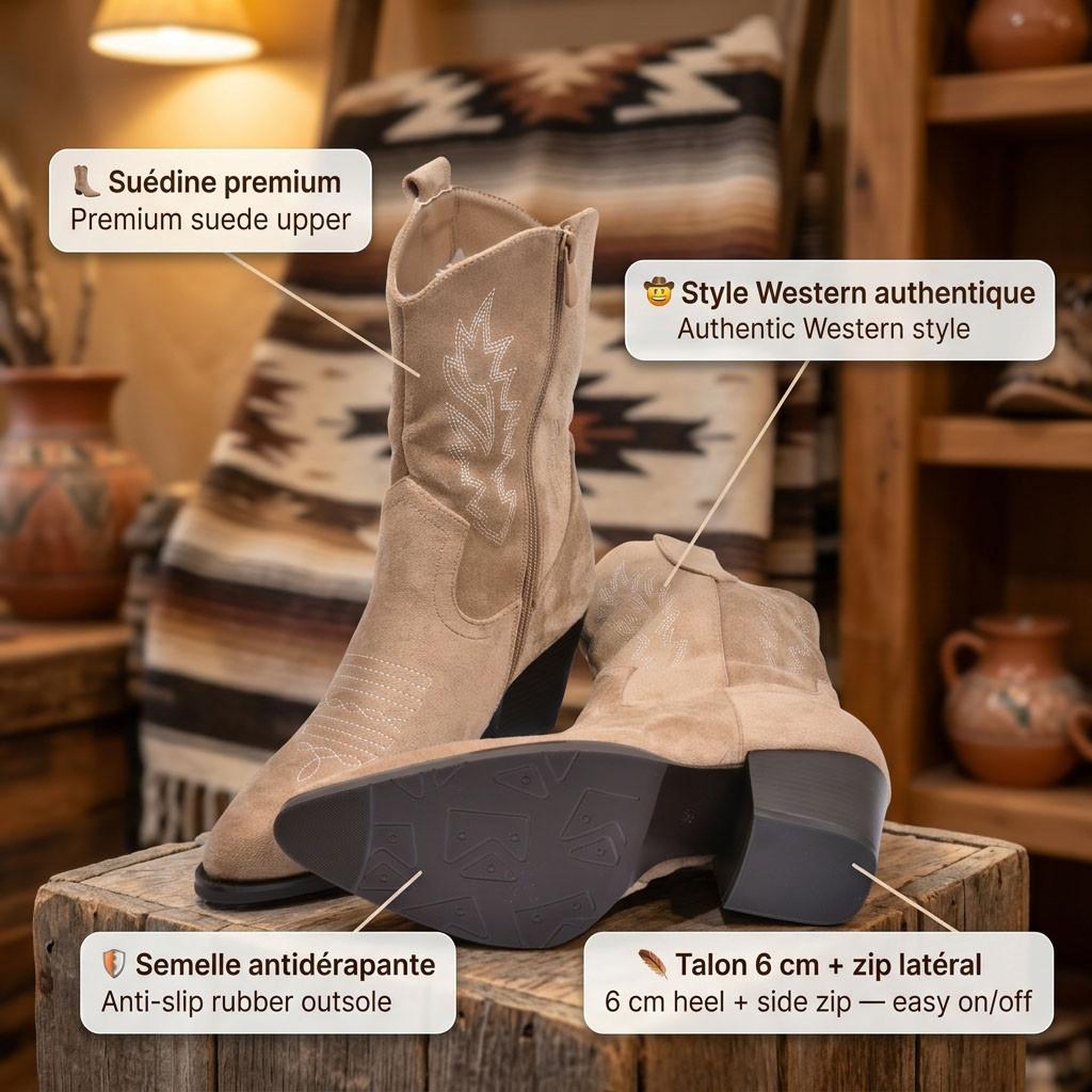 Voir la diapositive 4 : OZABI OZABI Bottines Santiag Femme Suédine Talon Bloc 6 cm Bout Pointu Mi-Mollet