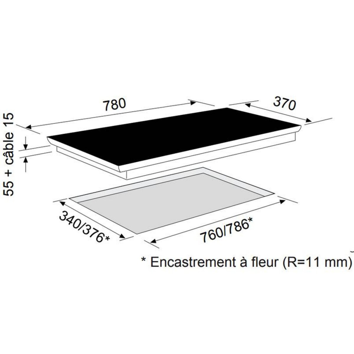 Airlux Table de cuisson à induction 78cm 3 feux 6700w noir - ati83bk