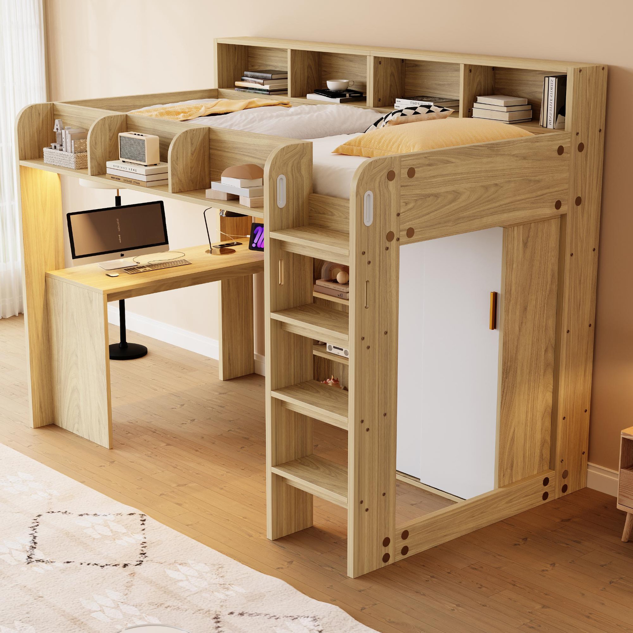 Voir la diapositive 5 : MERAX Lit mezzanine 90x200 cm coloris naturel led mdf