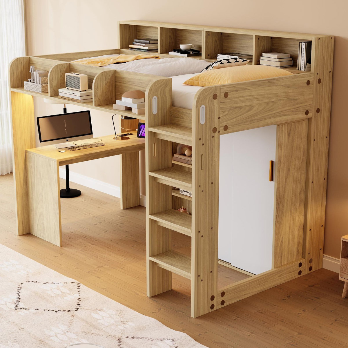 MERAX Lit mezzanine 90x200 cm coloris naturel led mdf