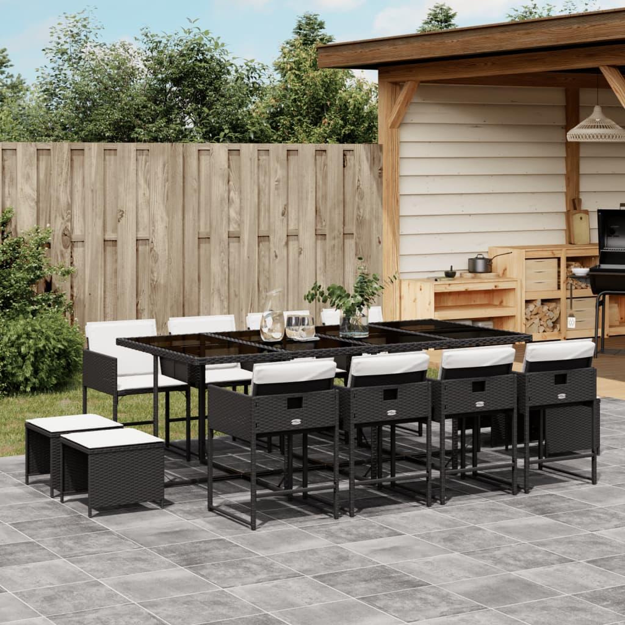 VIDAXL Ensemble a manger de jardin 13 pcs coussins noir resine tressee
