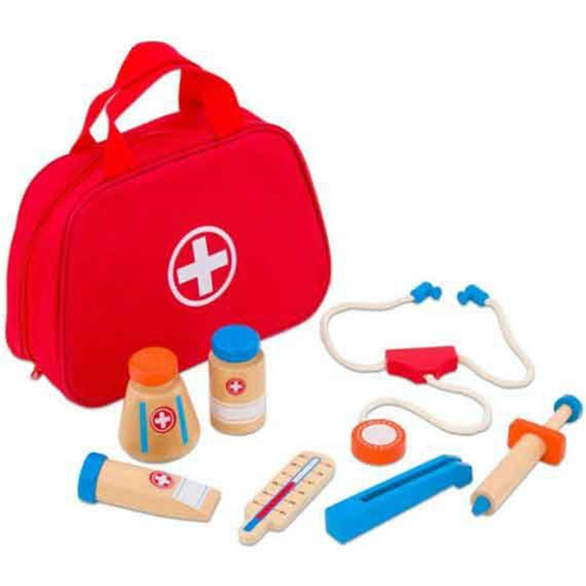 Voir la diapositive 2 : JohnToy Jouéco Mallette de médecin avec accessoires en bois 8 pièces