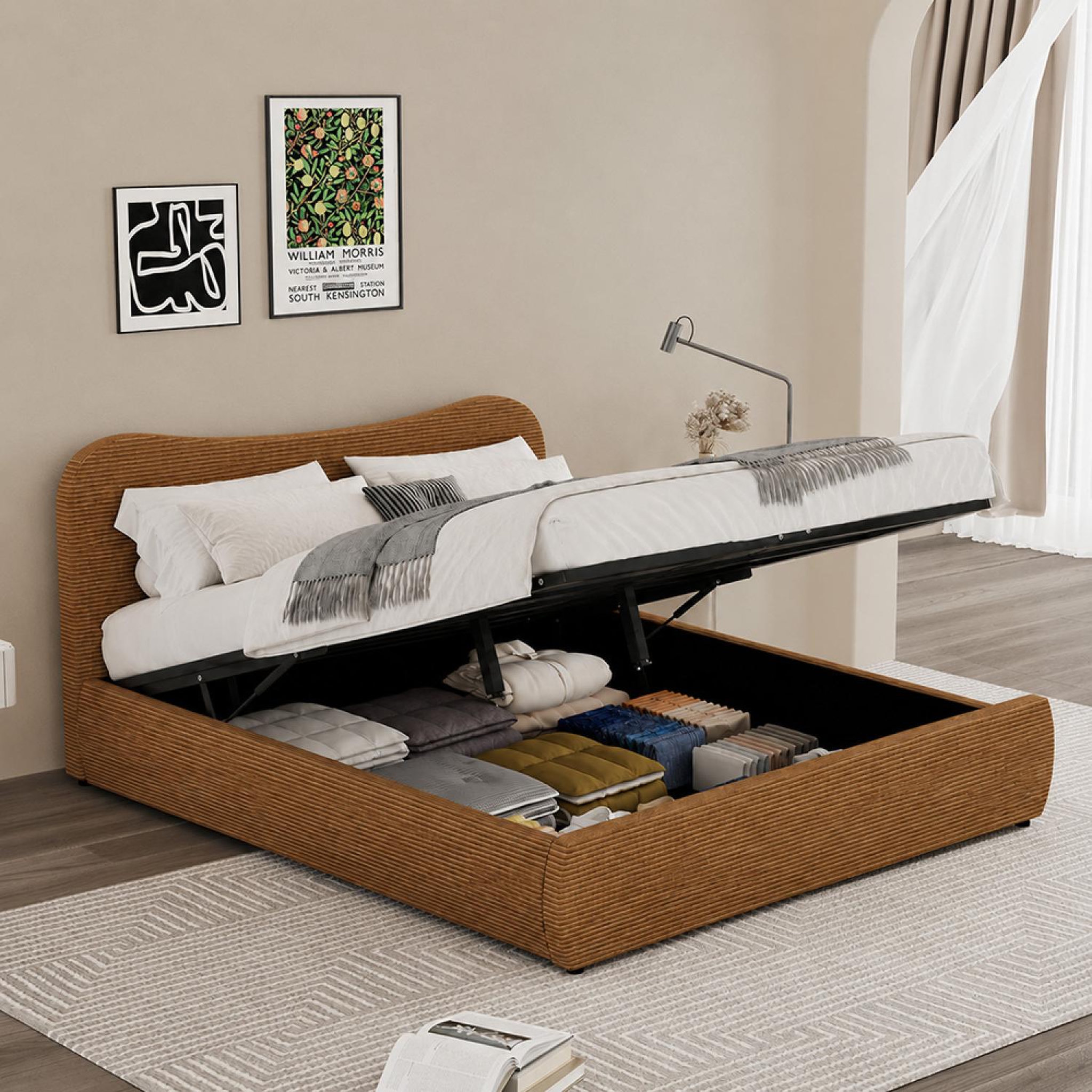 Voir la diapositive 5 : CONCEPT USINE Lit coffre 160x200cm design arrondi velours côtelé marron plano