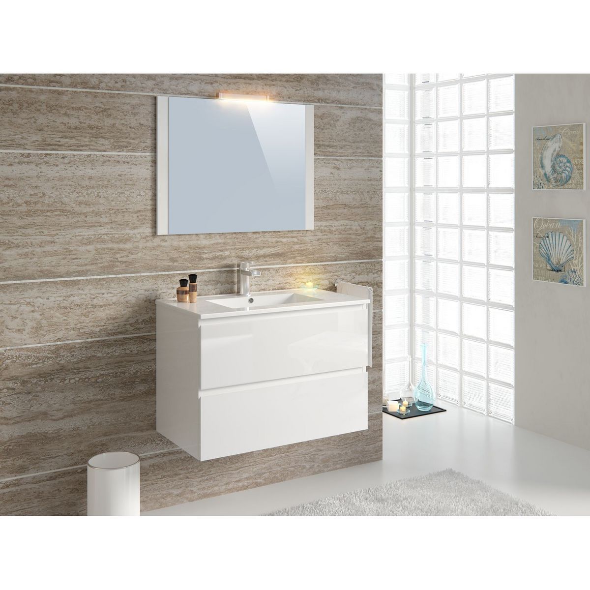 Meuble de salle de bain 1 vasque 2 tiroirs et miroir LED L80cm MILA