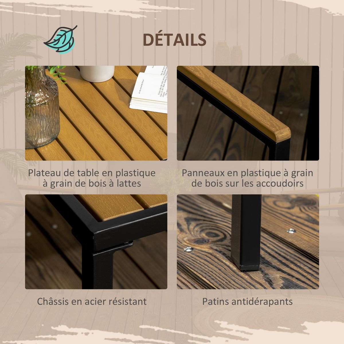 OUTSUNNY Ensemble salon de jardin design style colonial 4 places 4 pièces accoudoirs plateau aspect bois acier noir polyester gris