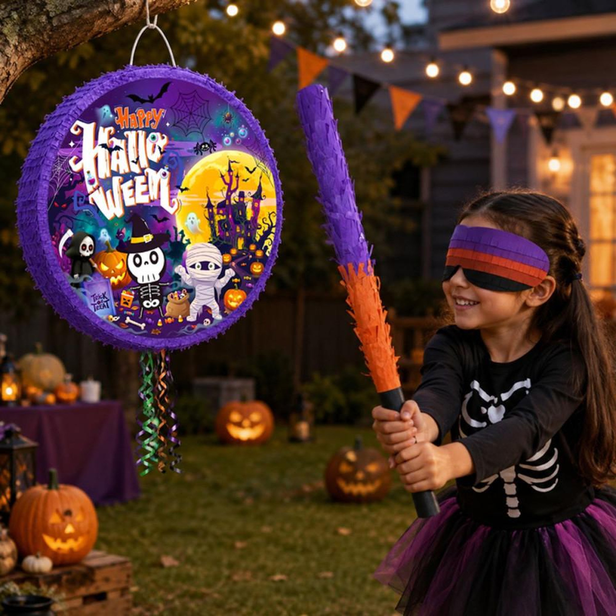 Voir la diapositive 3 : Coffret de 4 piñatas rondes Halloween 43 cm thème Happy Halloween décorations et accessoires