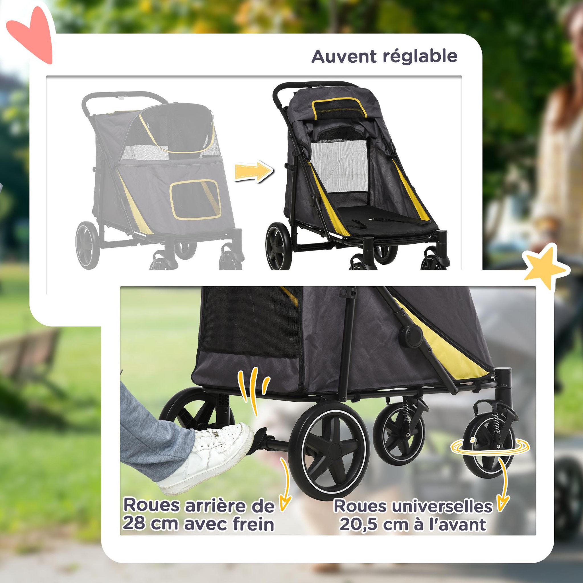 Voir la diapositive 5 : PAWHUT Poussette pour chien pliable 4 roues 2 portes rangements attache noir gris jaune