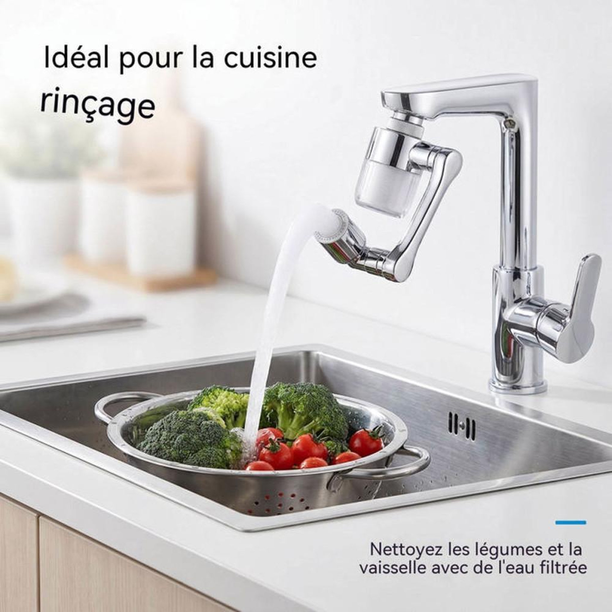 Voir la diapositive 5 : Prolongateur de bec de robinet de salle de bain avec filtre visible pivotant, métal chromé, rotation triaxiale jusqu'à 1440°, 2 modes de jet