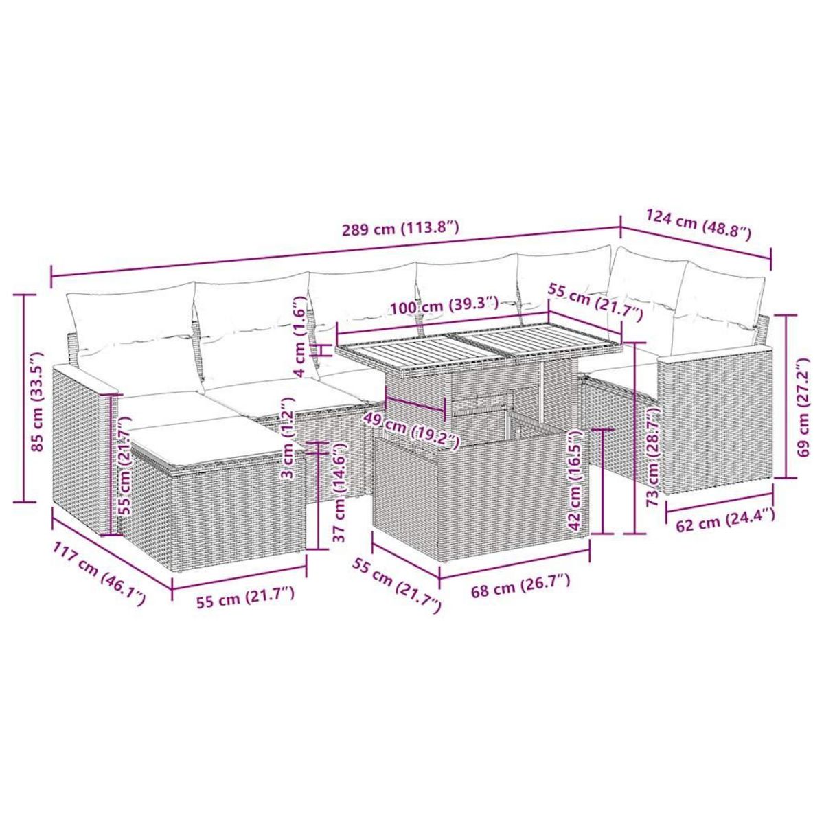 VIDAXL Salon de jardin avec coussins 8 pcs gris resine tressee acacia