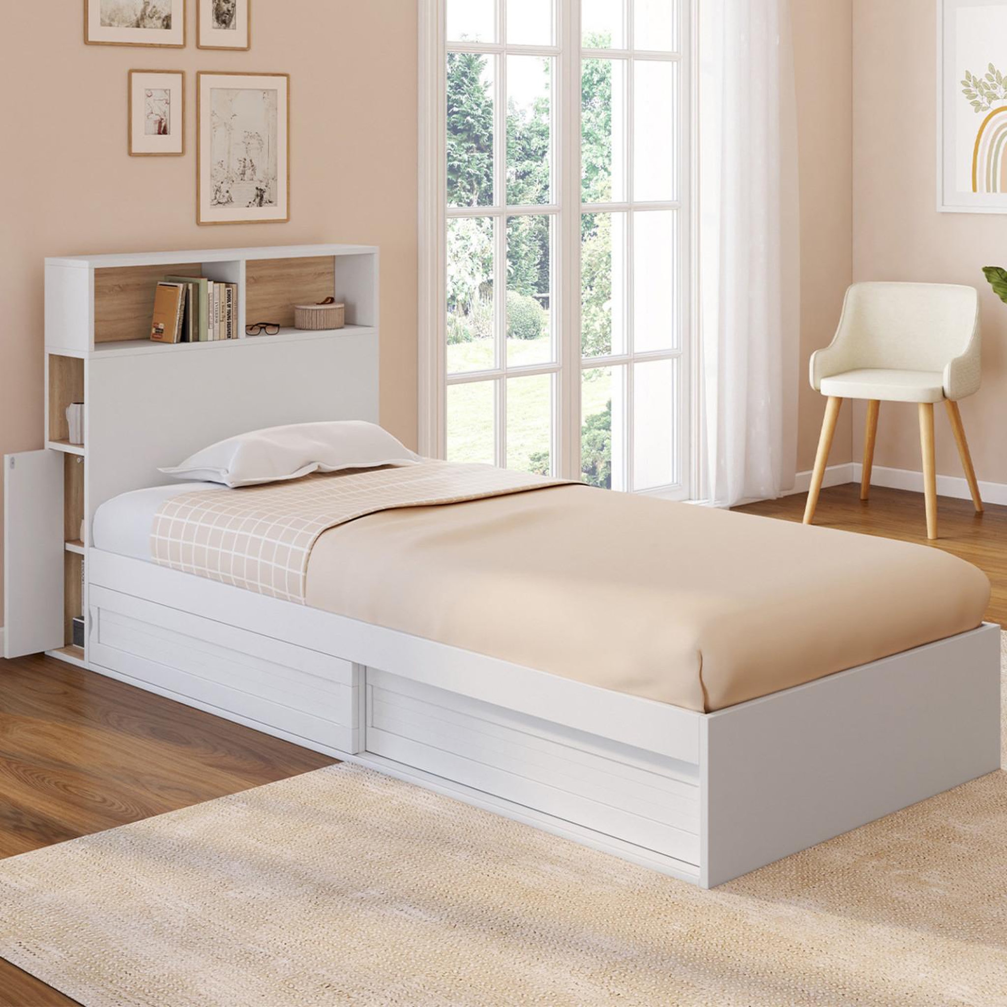 Voir la diapositive 2 : ID MARKET Lit simple clem avec rangement, tête de lit et sommier 90 x 190 cm blanc et hêtre