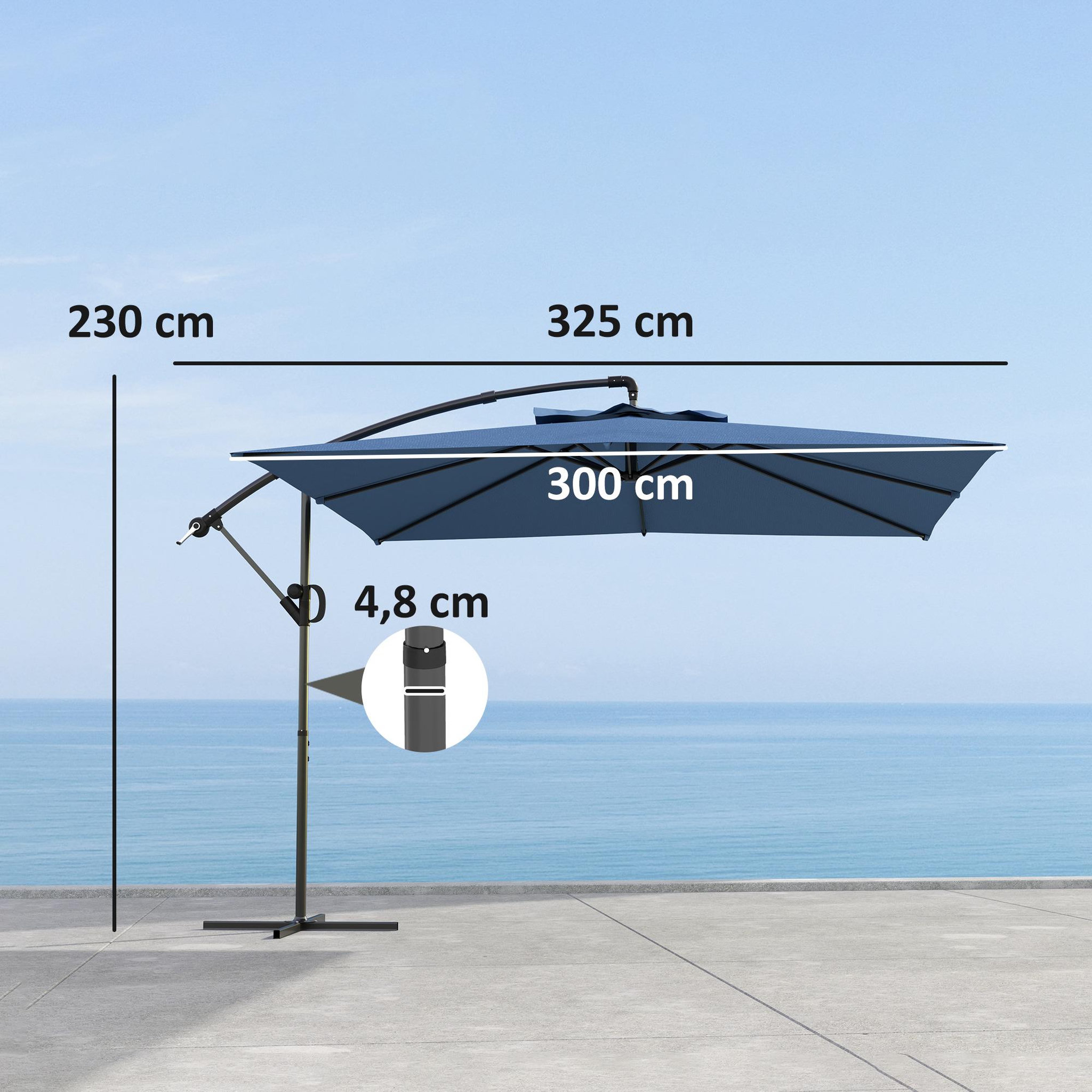Voir la diapositive 3 : OUTSUNNY Parasol déporté carré 3 x 3 m réglable piètement croix manivelle tissu haute densité 180g/m² UPF50+ bleu