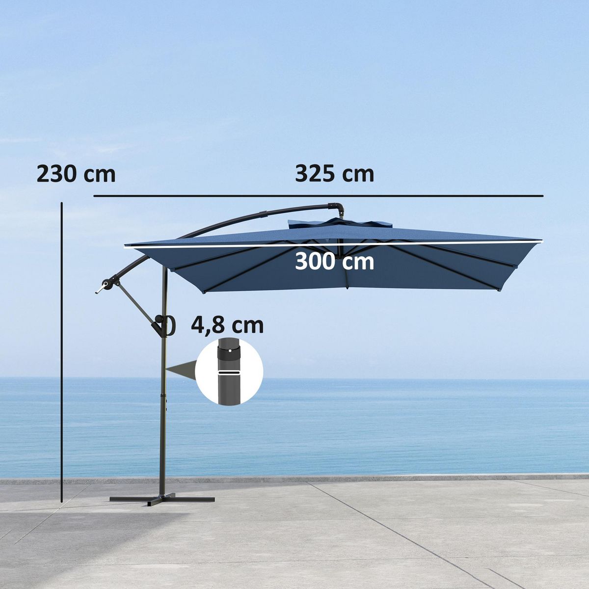 OUTSUNNY Parasol déporté carré 3 x 3 m réglable piètement croix manivelle tissu haute densité 180g/m² UPF50+ bleu