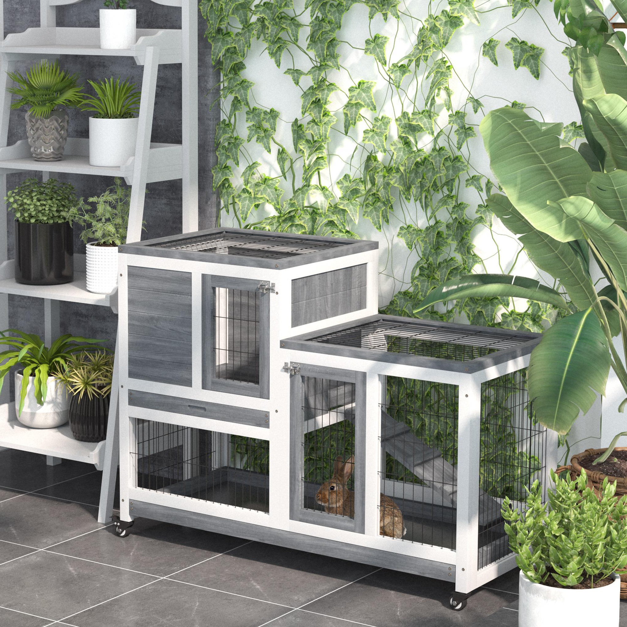 Voir la diapositive 4 : PAWHUT Clapier à lapin sur roulettes cage à lapin 2 étages 2 portes verrouillables 2 plateaux coulissants rampe bois de sapin gris blanc