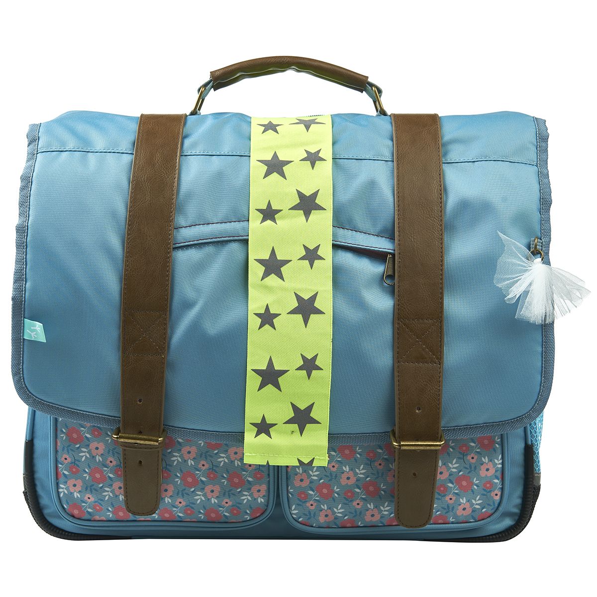 AUCHAN Cartable 38 cm CP/CE1/CE2 bleu motif fleurs avec leds