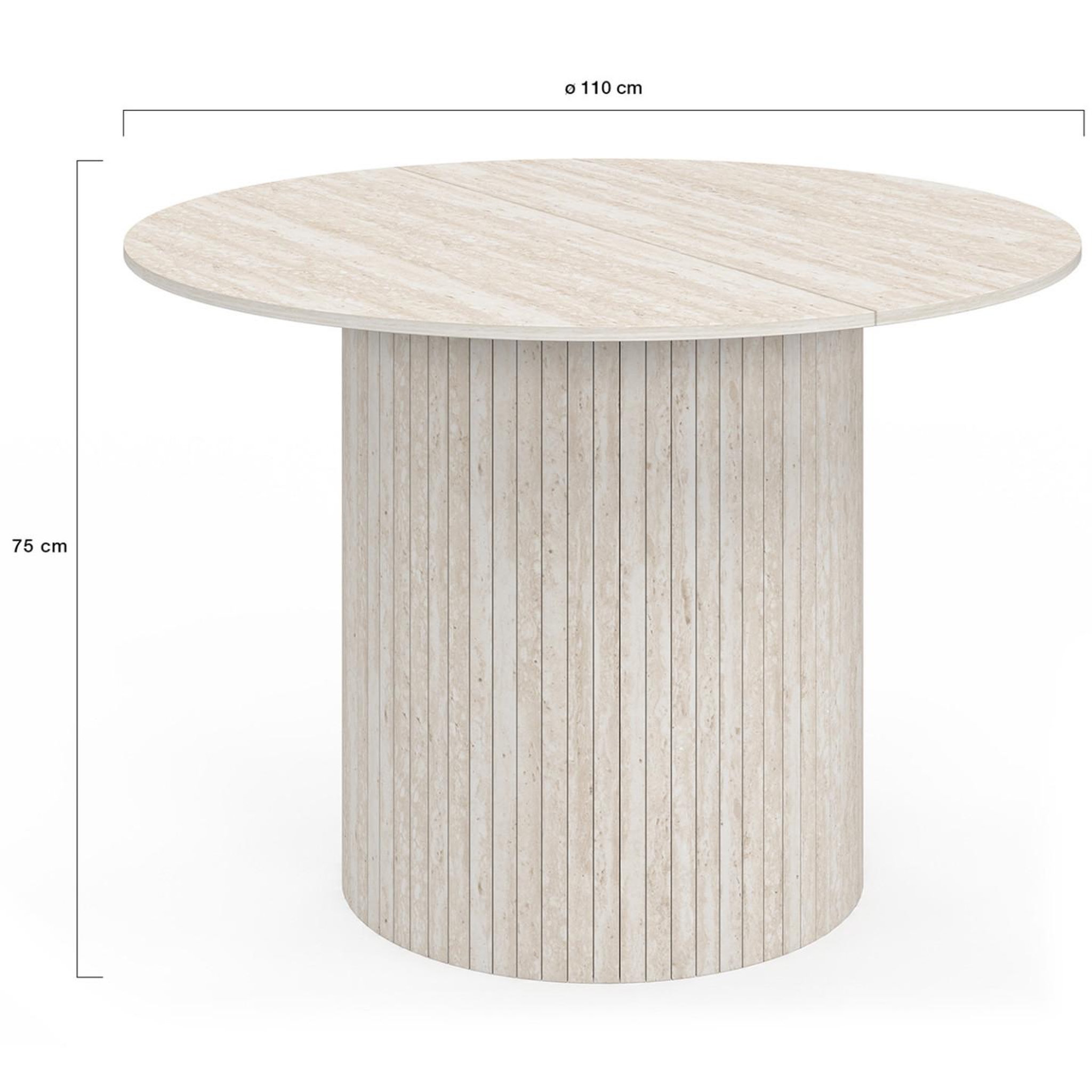 Voir la diapositive 4 : ID MARKET Table à manger ronde juliette 6 personnes pied central effet lattes façon travertin 110 cm