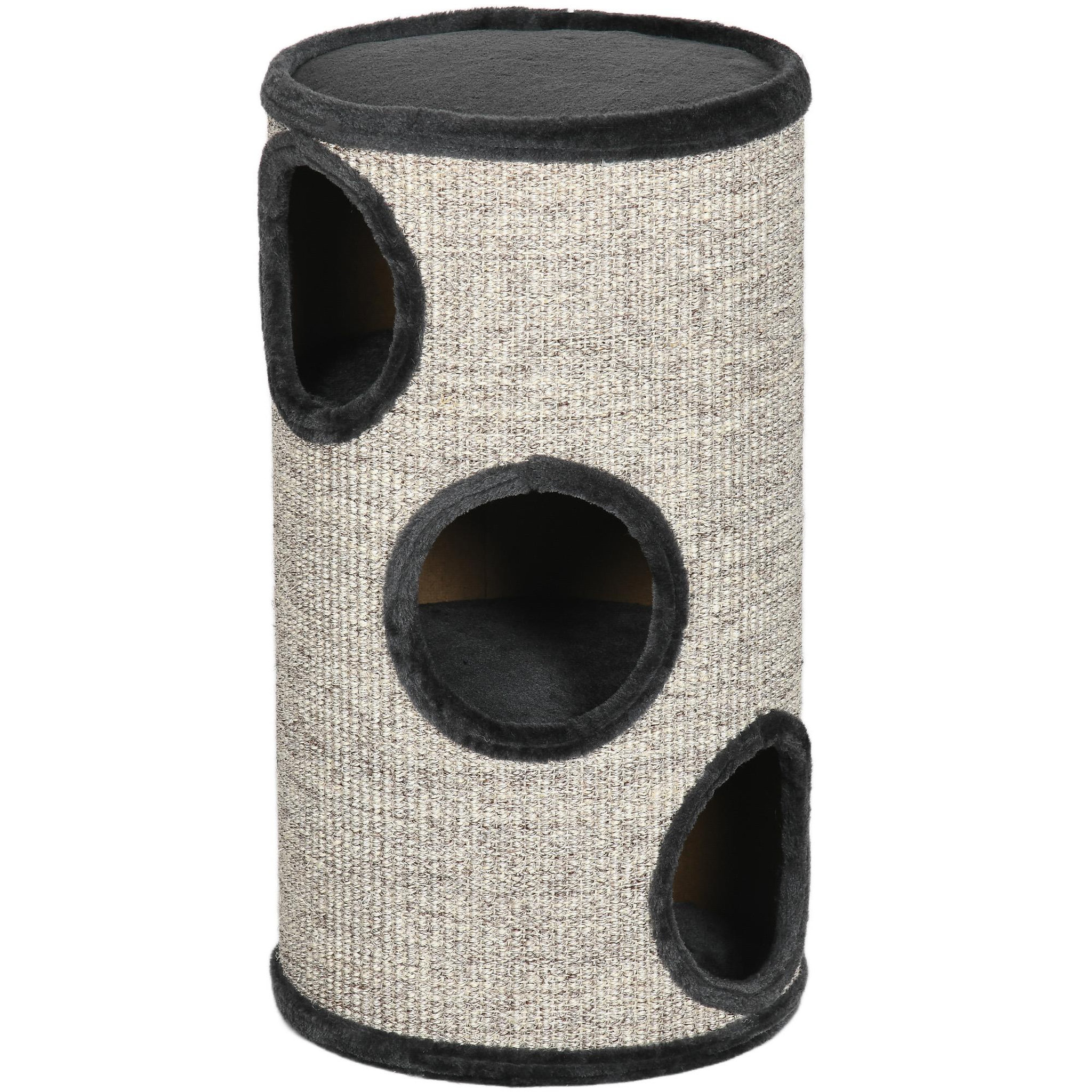 PAWHUT Arbre à chat cylindrique - tour à griffer pour chat - tonneau griffoir - 3 niveaux + plateforme - sisal peluche anthracite