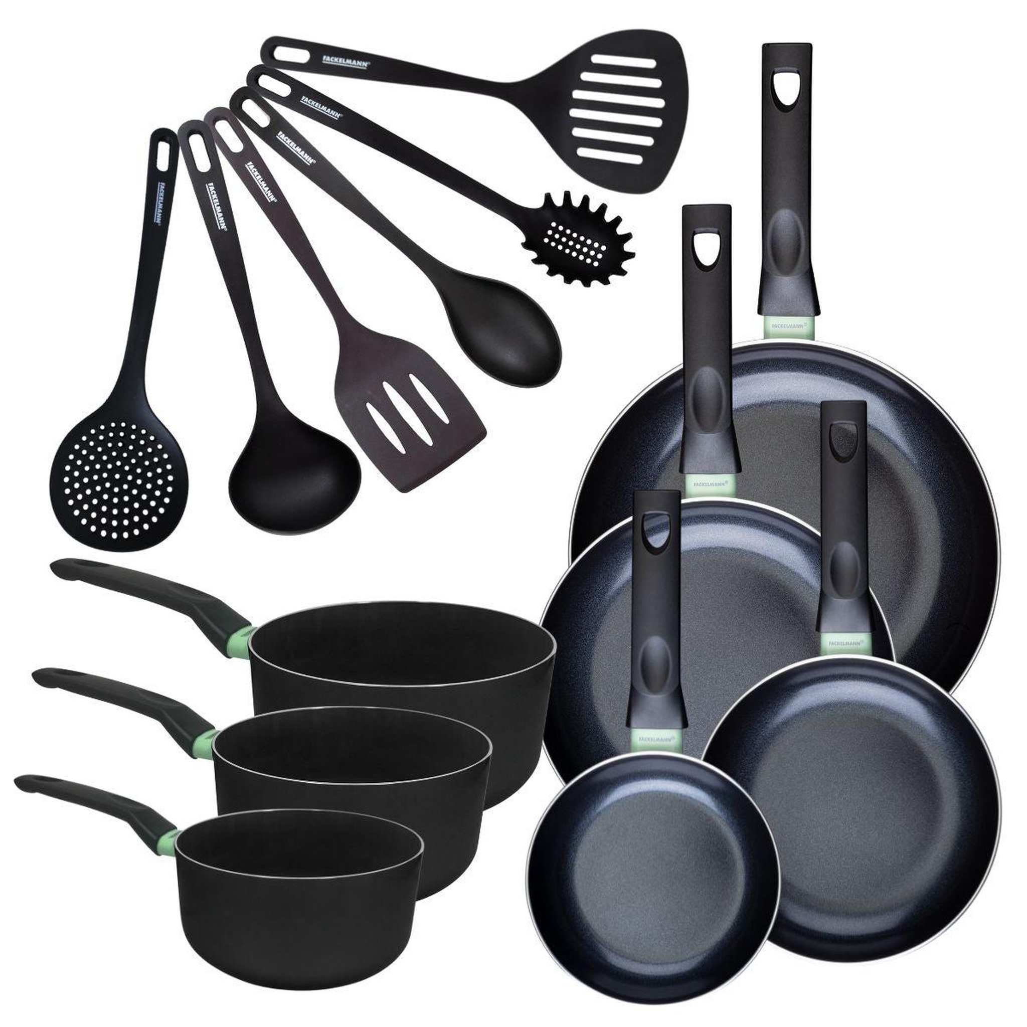 Fackelmann Set de 4 poêles 16 20 24 et 28 cm et 3 casseroles 16, 18 et 20 cm antiadhésives céramique et 6 ustensiles fackelmann brandao
