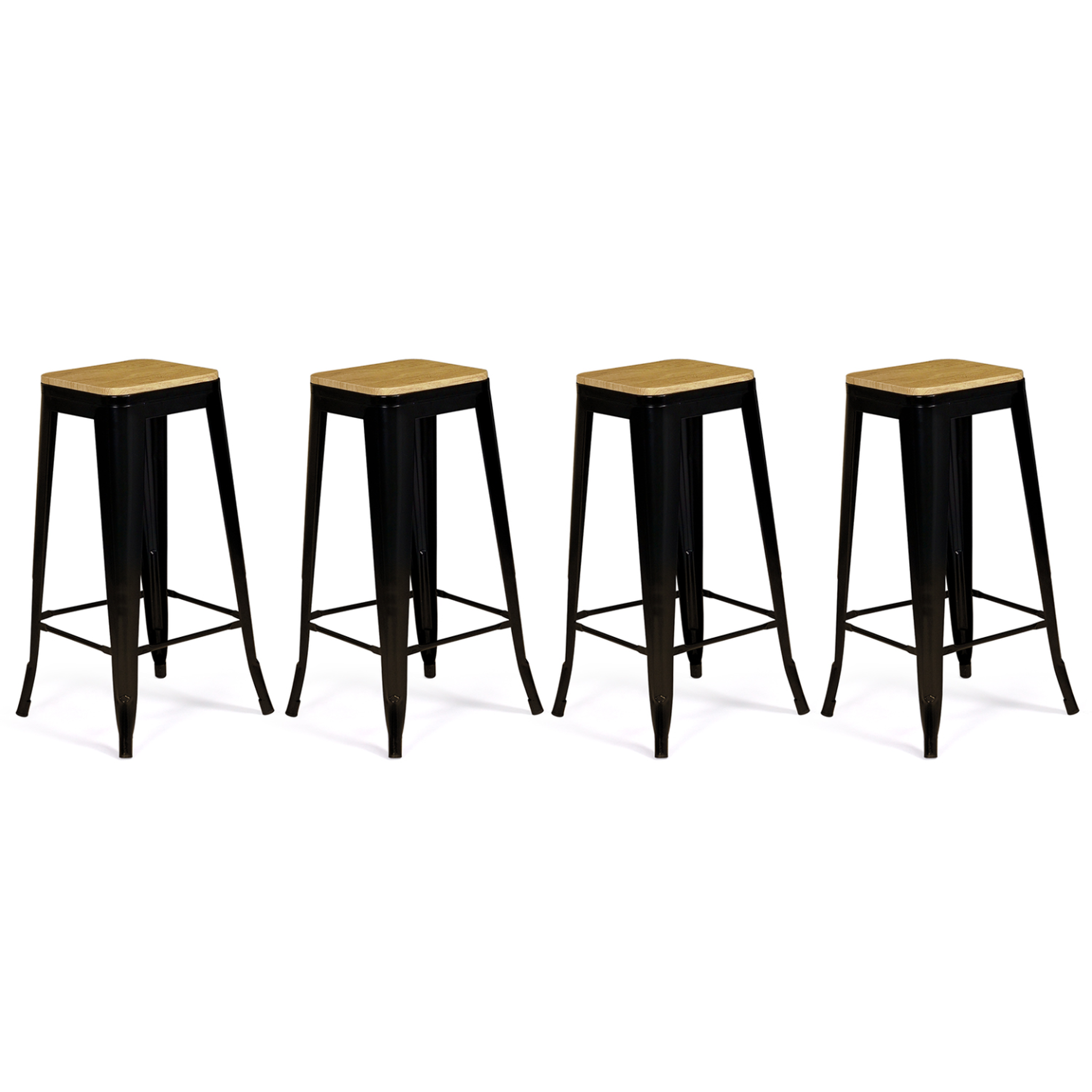 Voir la diapositive 5 : ID MARKET Lot de 4 tabourets de bar leny métal noir mat assise bois empilable aspect brut factory