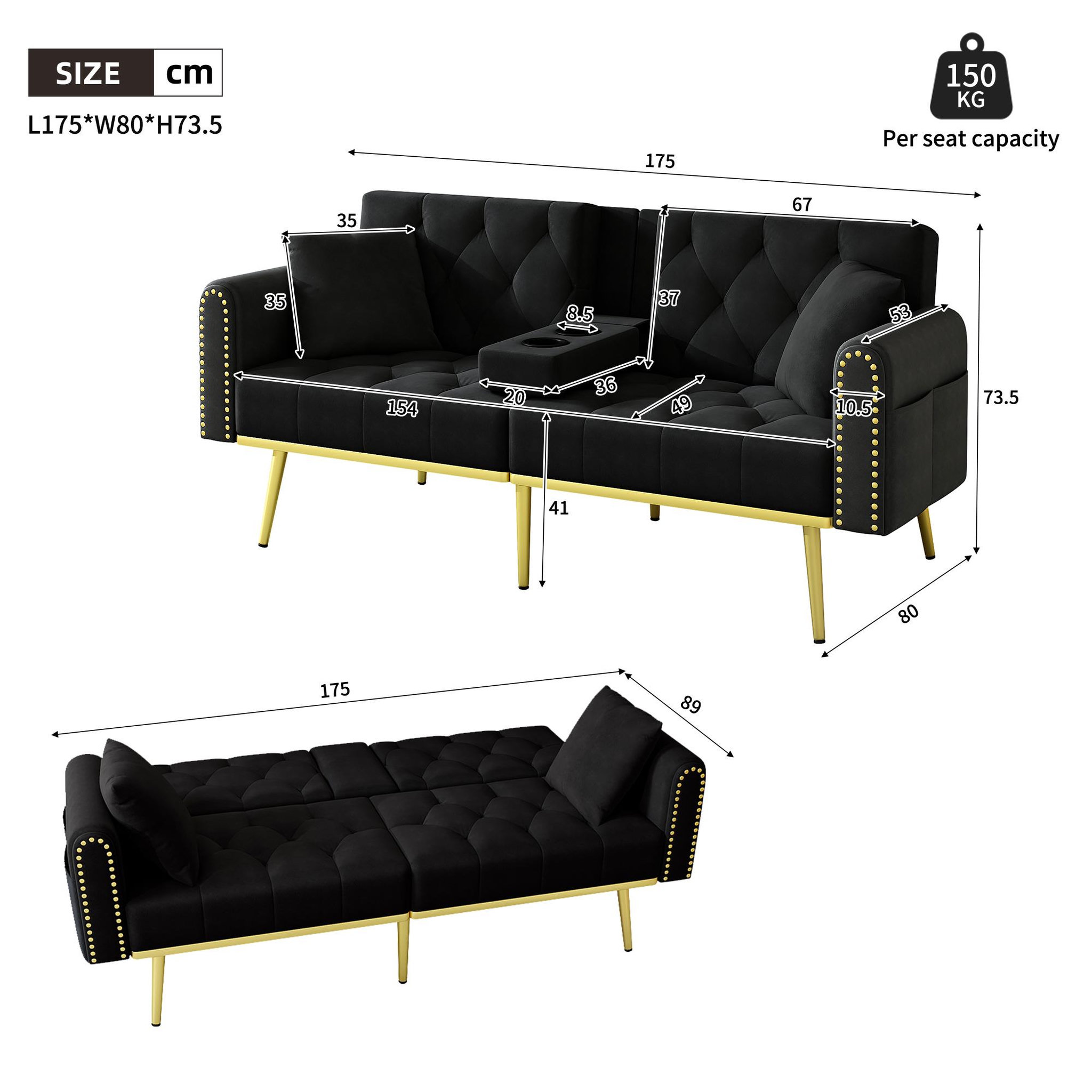 Voir la diapositive 3 : MERAX Canapé droit convertible 2 places velours