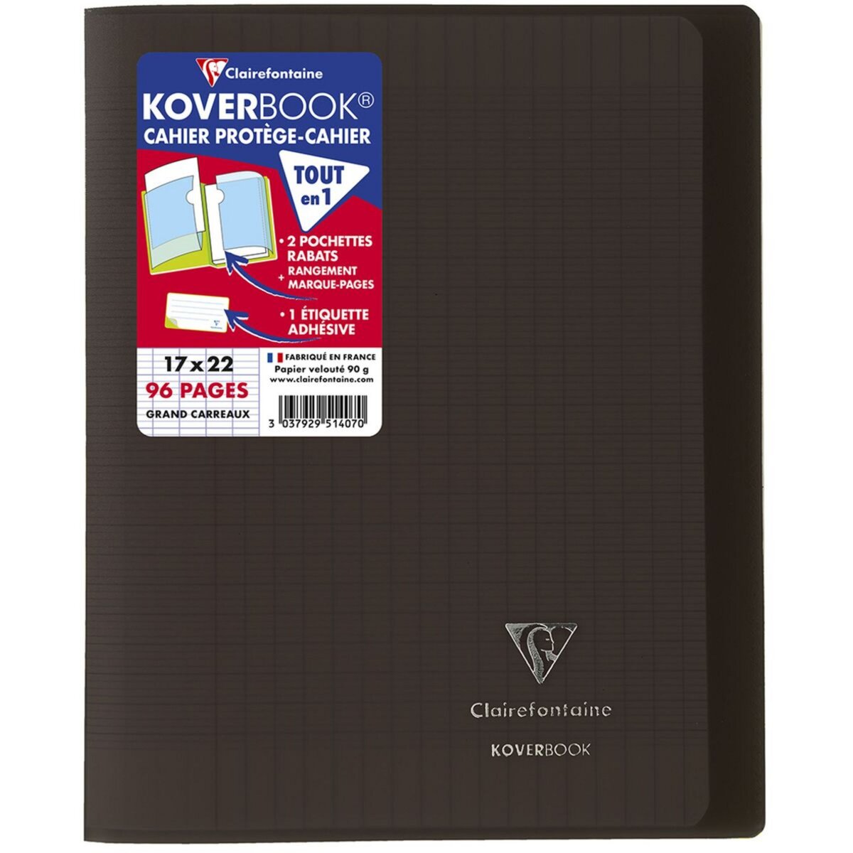 CLAIREFONTAINE Cahier piqué polypro Koverbook 17x22cm 96 pages grands carreaux Seyes noir transparent