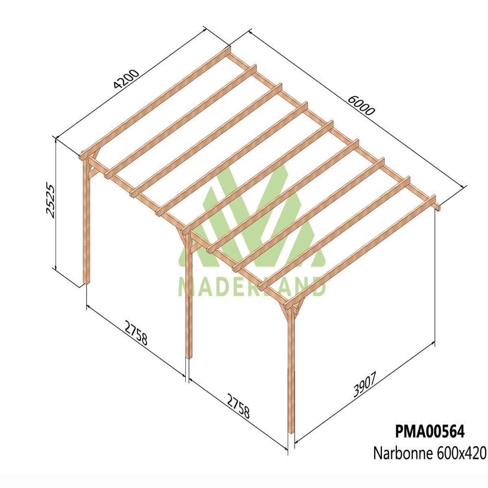 Voir la diapositive 2 : JARDIDECO Pergola adossée en bois massif narbonne 600 x 420 cm - maderland