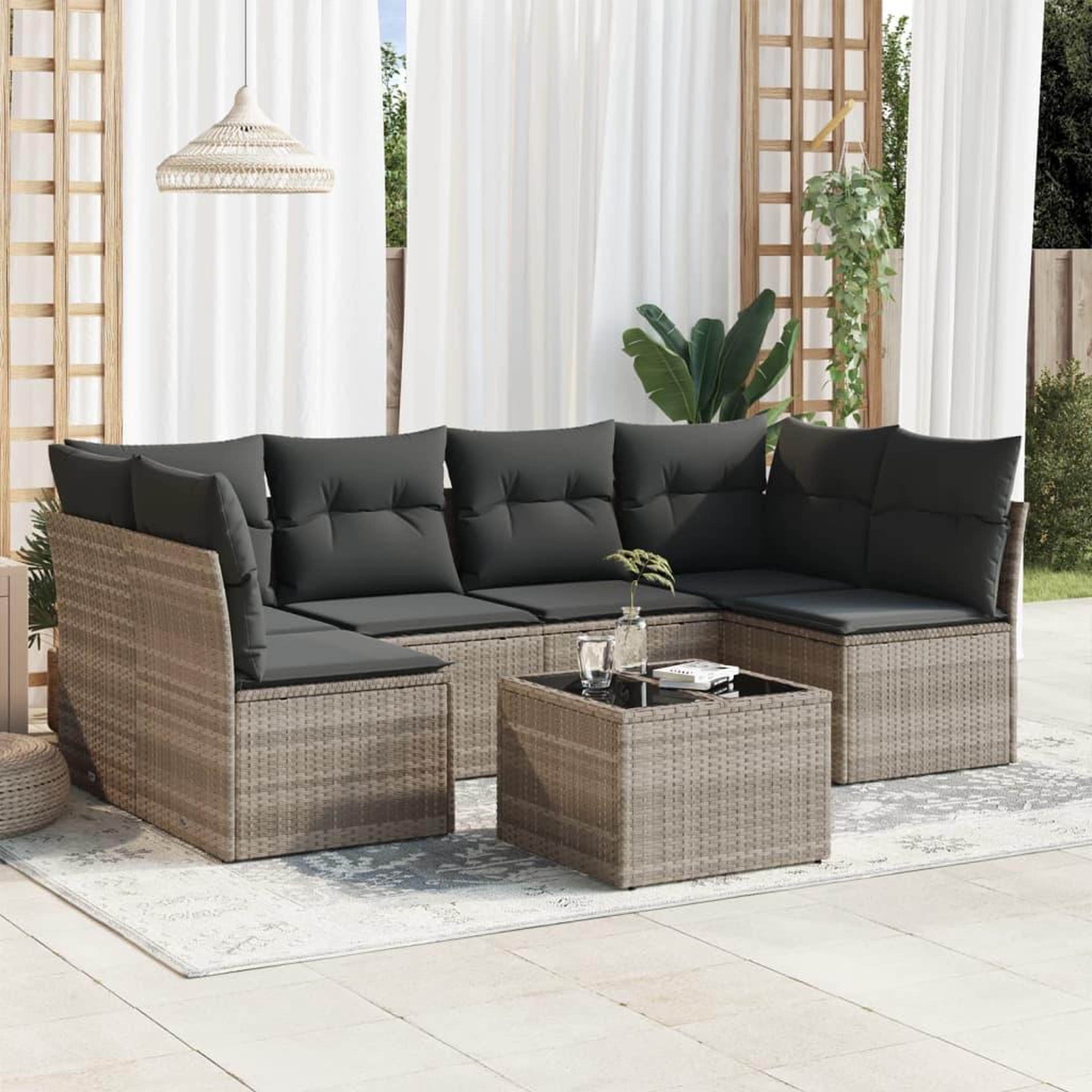 VIDAXL Salon de jardin avec coussins 7 pcs gris clair resine tressee