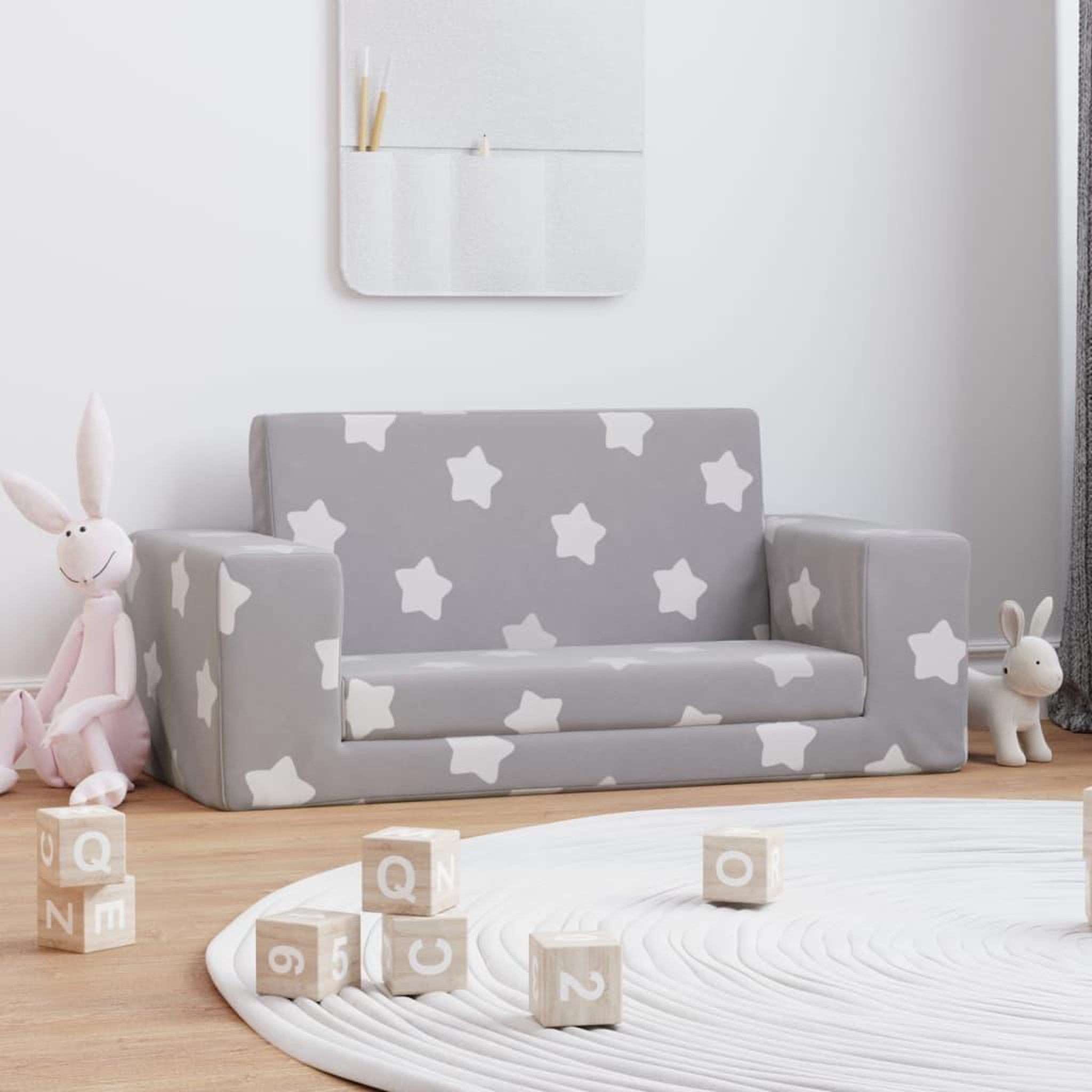 VIDAXL Canape-lit enfant 2 places gris clair etoiles peluche douce