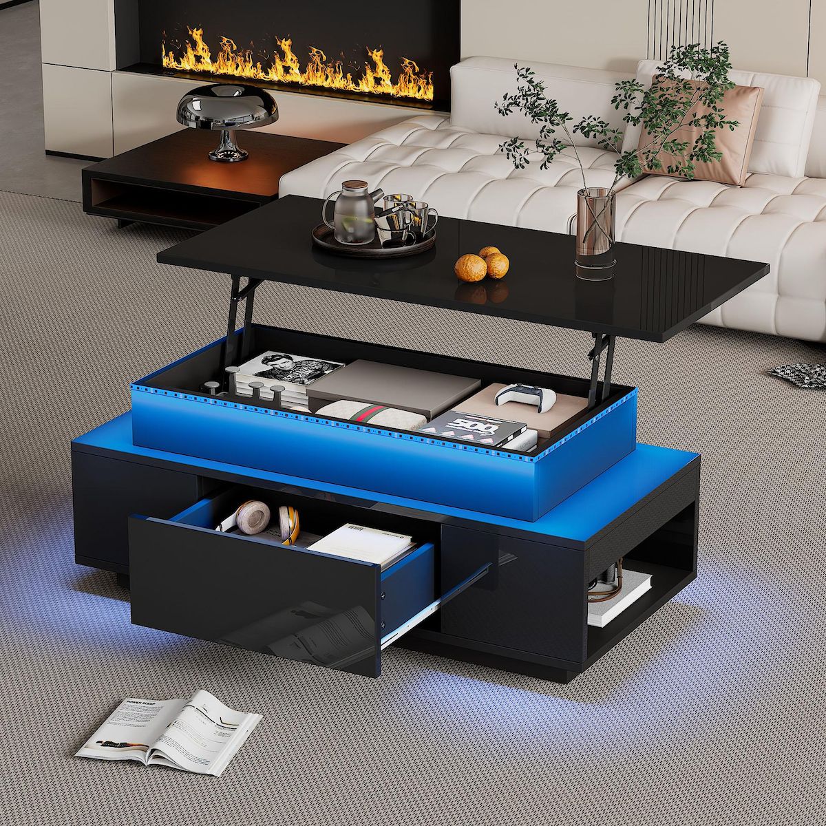 MERAX Table basse relevable rectangulaire noir - 45x96 cm led panneau de particules