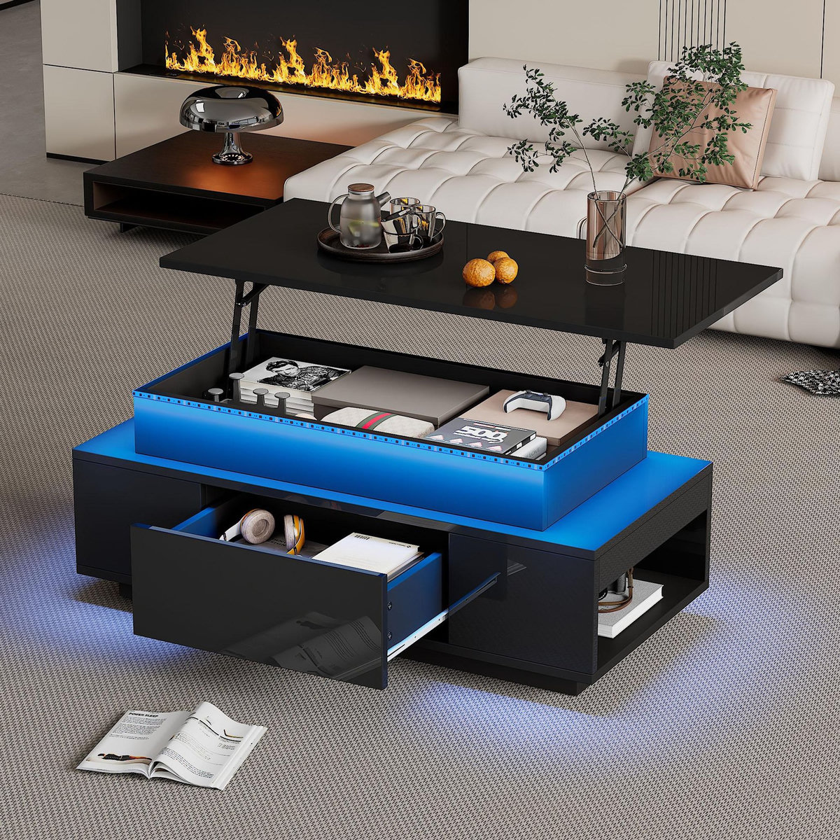 MERAX Table basse relevable rectangulaire noir - 45x96 cm led panneau de particules