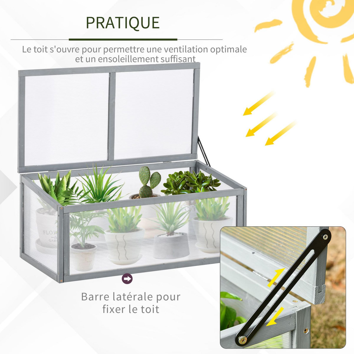 OUTSUNNY Mini serre de jardin serre à tomates dim. 90L x 46l x 40H cm toit ouvrable panneaux de polycarbonate bois sapin pré-huilé gris