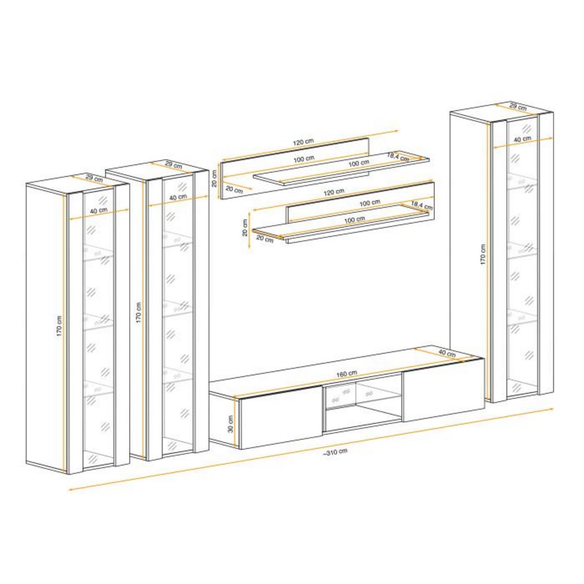 Paris Prix Meuble TV Mural Design  Fly XLIII  310cm Noir