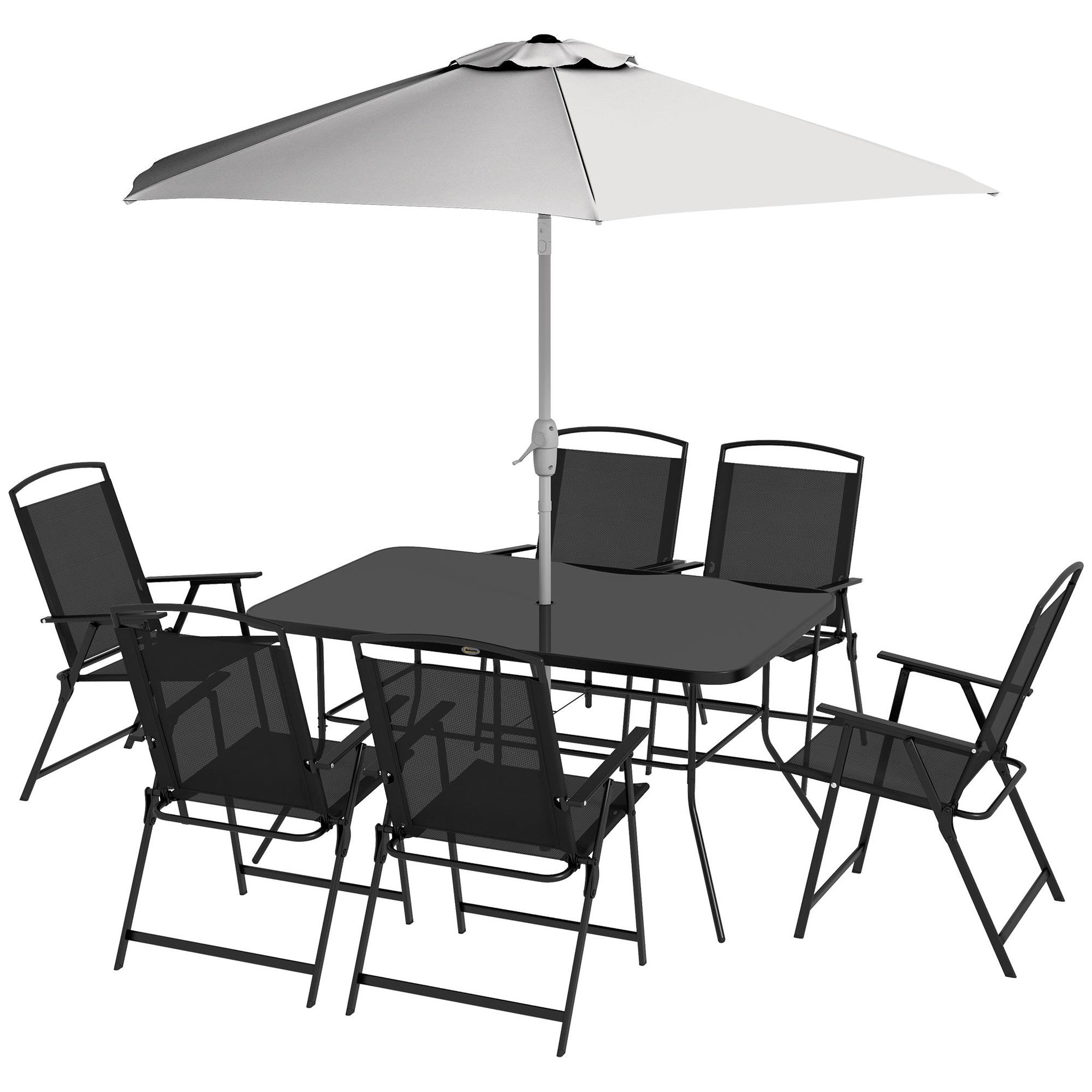 Voir la diapositive 1 : OUTSUNNY Ensemble salon de jardin 6 places 8 pièces - parasol, table, 6 chaises pliantes - métal époxy textilène polyester noir gris