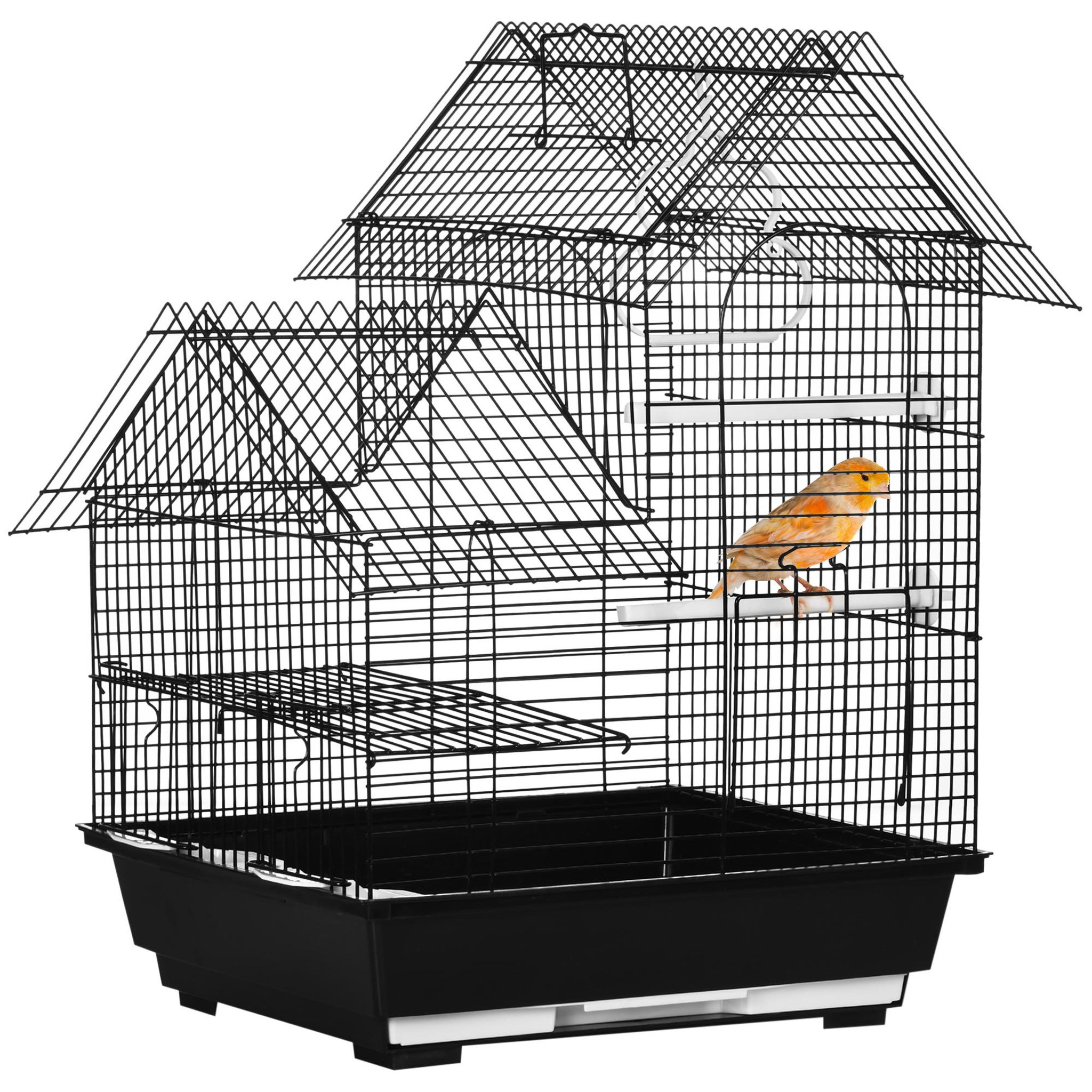 Voir la diapositive 1 : PAWHUT Cage à oiseaux design maison mangeoires perchoirs balançoire 2 portes plateau excrément amovible + poignée transport métal noir