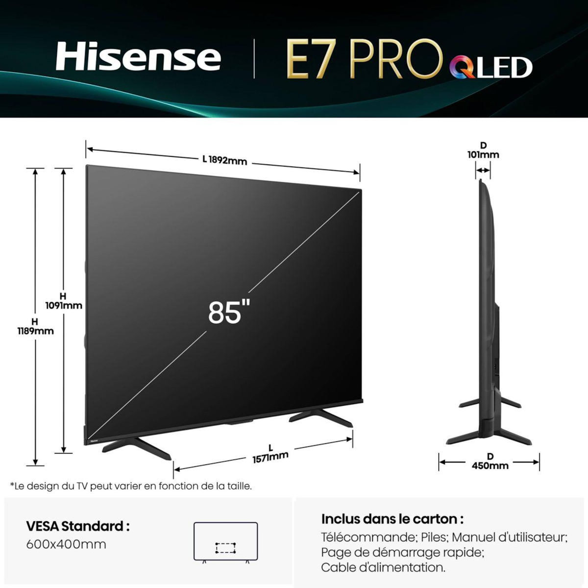 Hisense TV QLED 85E7Q PRO 2025-85 pouces (215cm)