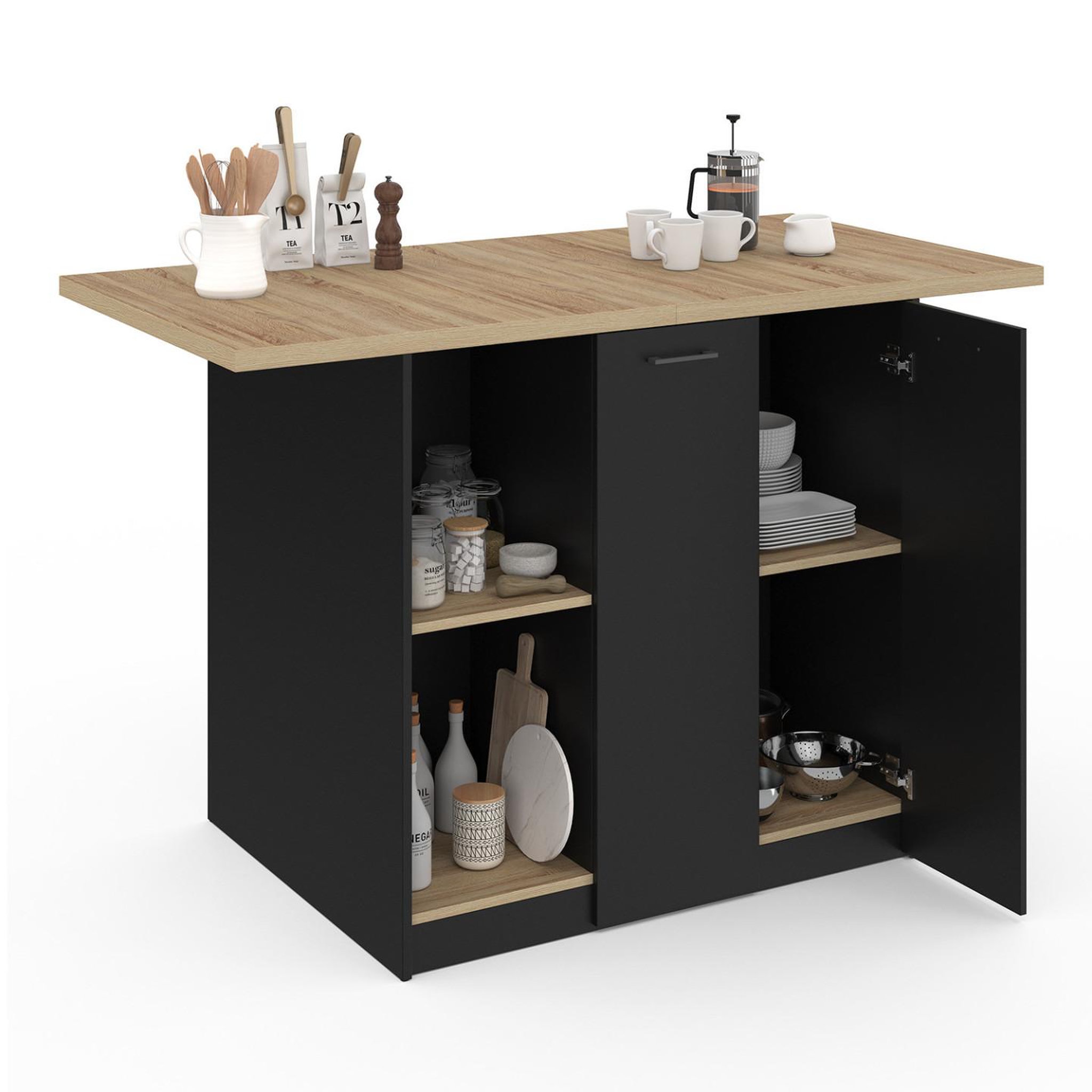 Voir la diapositive 5 : ID MARKET Ilot central bao 140 cm 4 personnes bois noir avec plan de travail façon hêtre