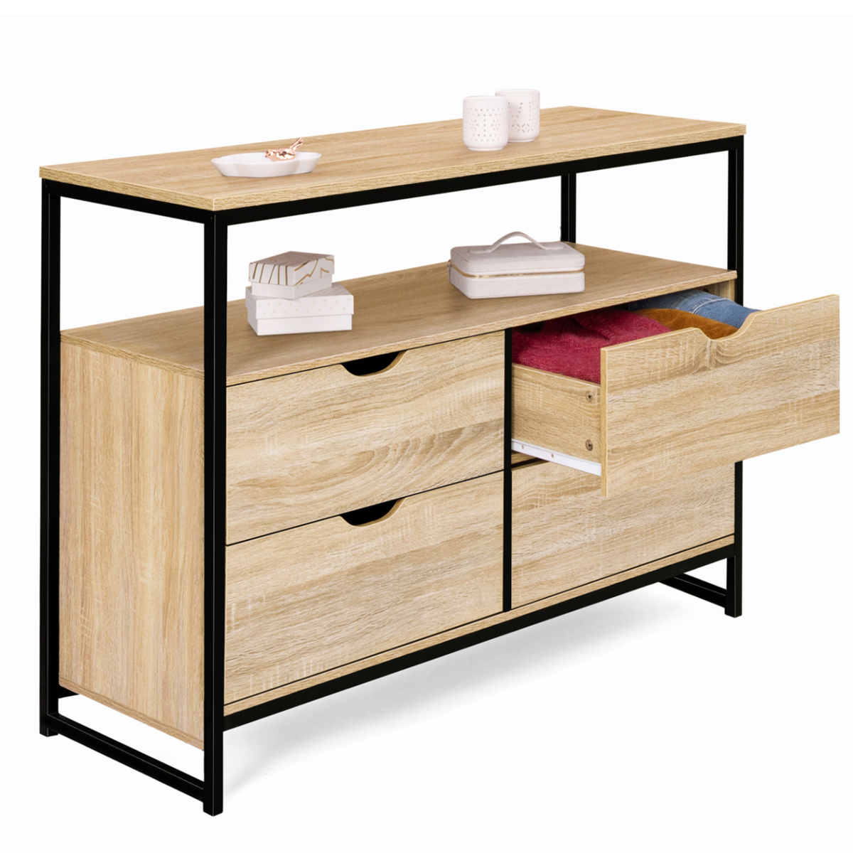 ID MARKET Commode 4 tiroirs DETROIT 110 cm design industriel avec étagère