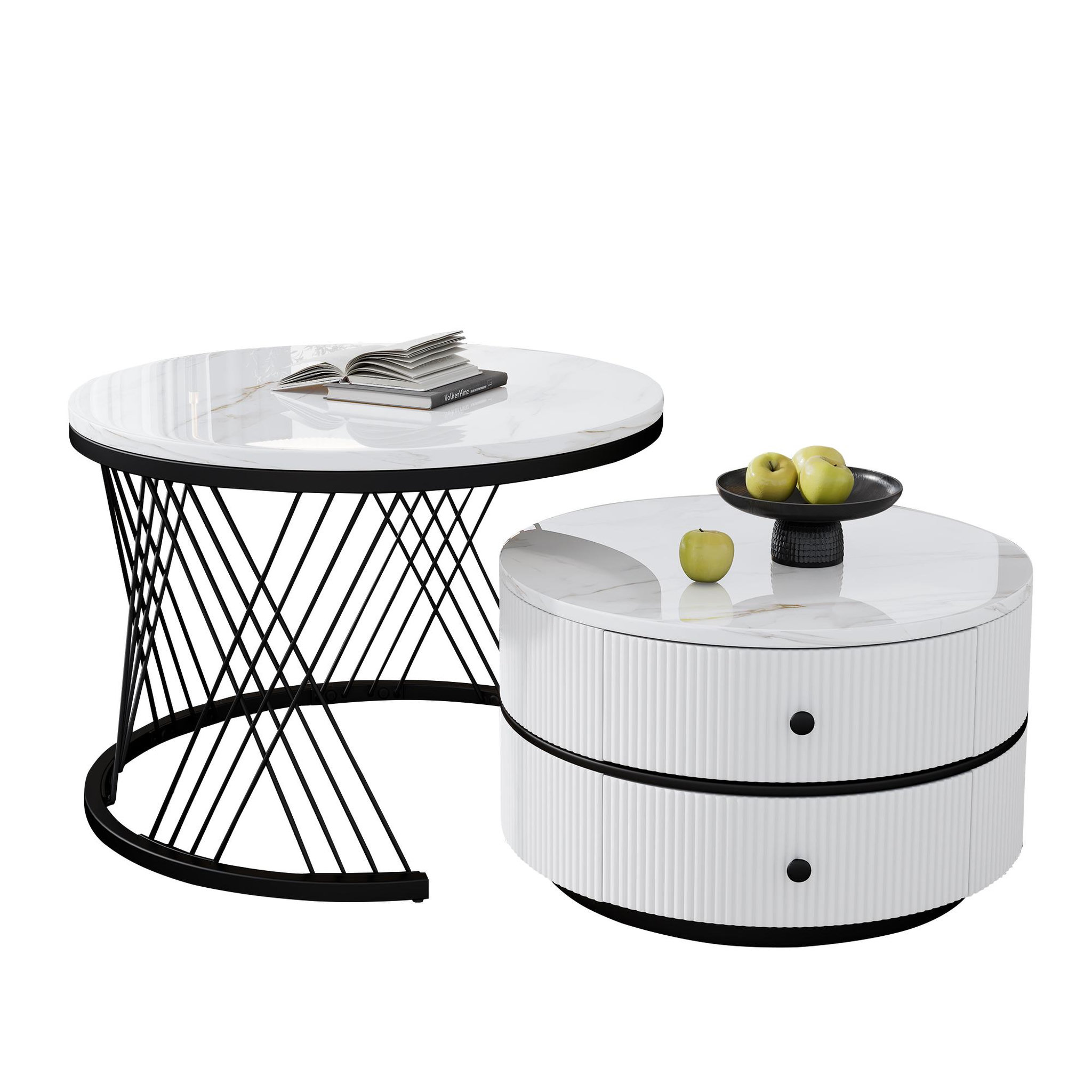 MERAX Lot De 2 Table Basse Gigognes Rond Avec 2 Tiroirs