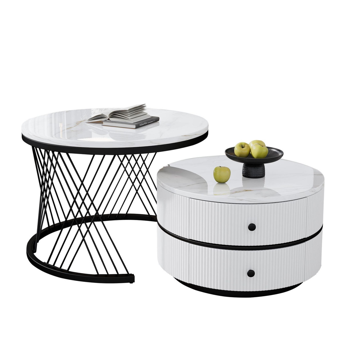 MERAX Lot De 2 Table Basse Gigognes Rond Avec 2 Tiroirs