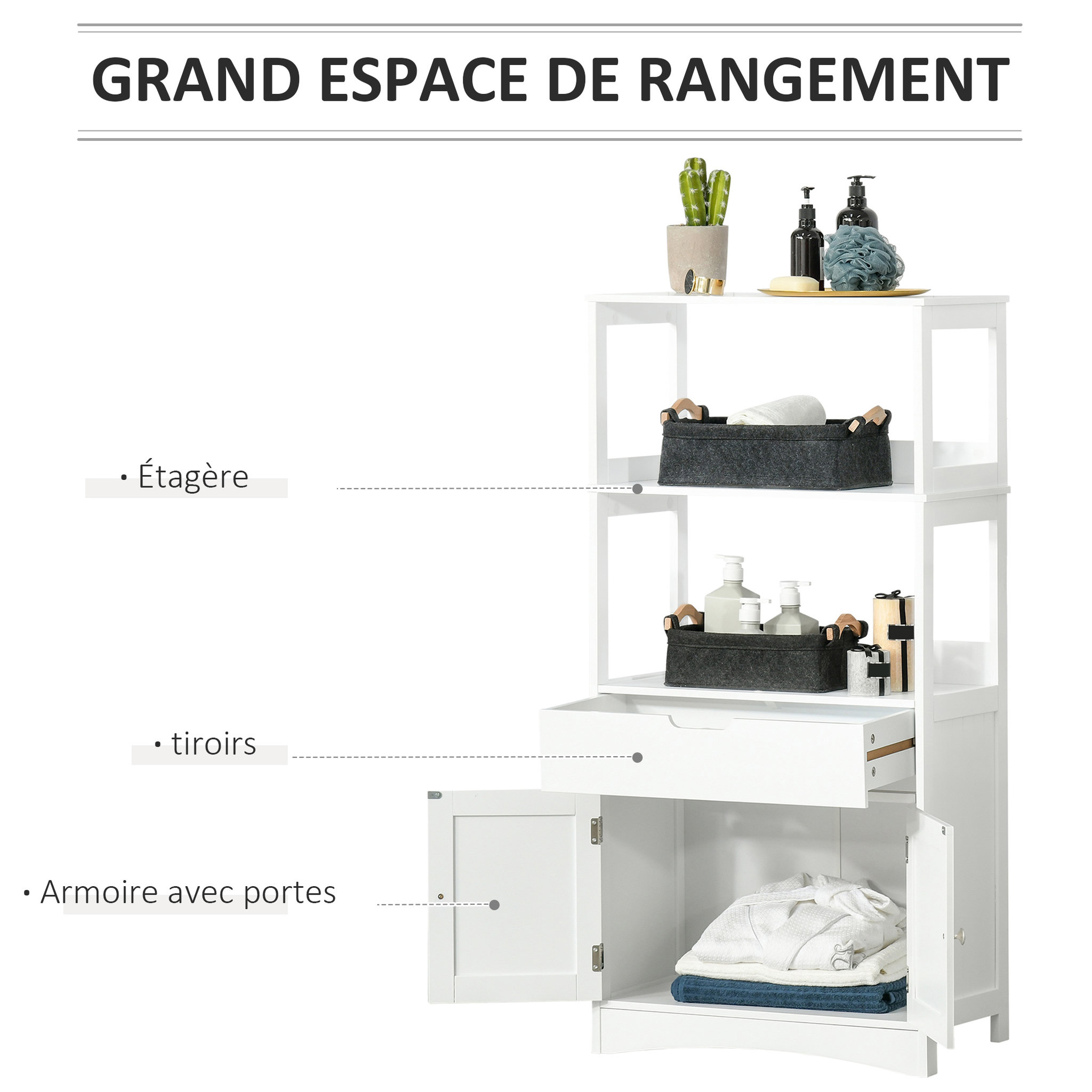Voir la diapositive 4 : KLEANKIN Meuble de rangement salle de bain - 2 portes, tiroir, 3 étagères - dim. 60L x 33l x 122H cm - MDF blanc