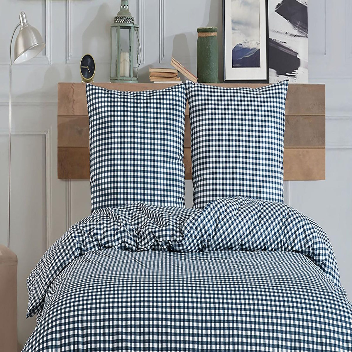 Home collection Parure Housse de couette 3 pcs 240x220 cm 100% coton 57 fils imprimé. Vichy marine