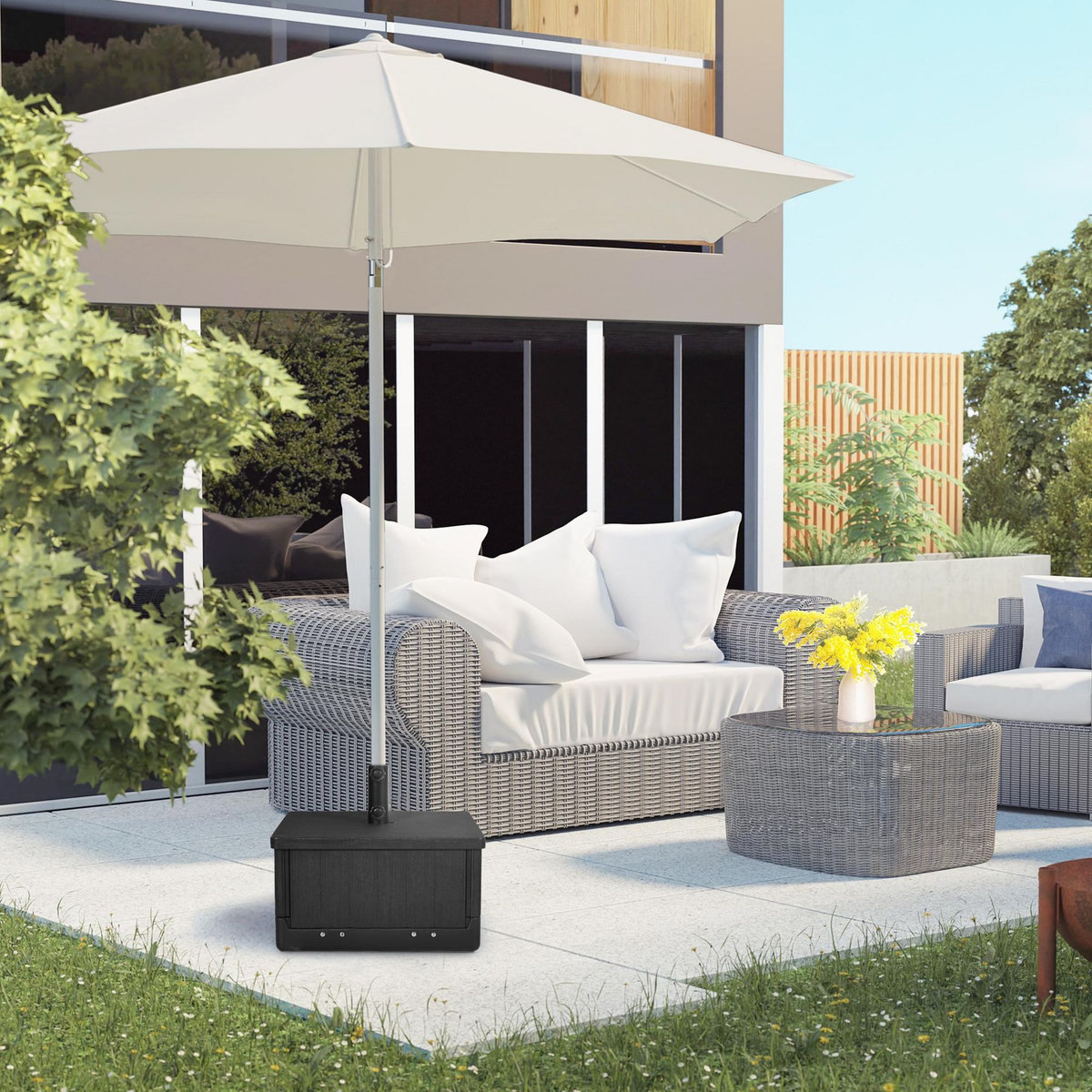 OUTSUNNY Pied de parasol table basse jardinière 3 en 1 - 2 roulettes, poignées - PE aspect bois métal noir