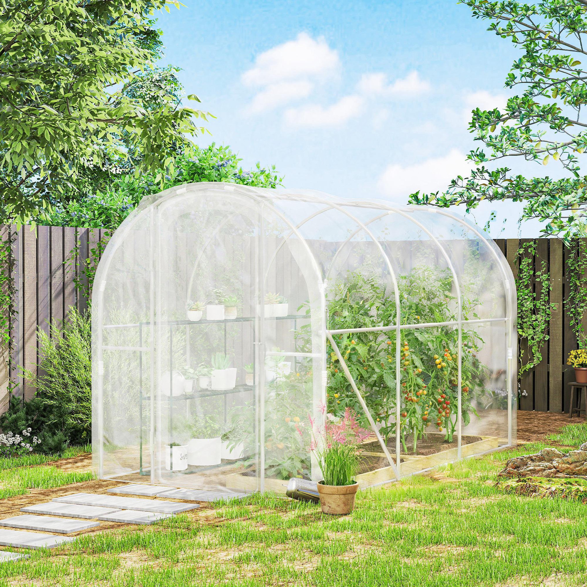 Voir la diapositive 4 : OUTSUNNY Serre tunnel de jardin 6 m² - 3 x 2 x 2 m - porte - acier galvanisé pe 150 g/m² transparent