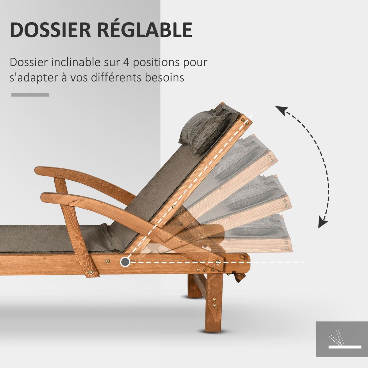 OUTSUNNY Bain de soleil transat design style colonial - dossier réglable 4 positions - tétière rembourrée - dim. 194L x 70l x 32H cm - pin textilène marron