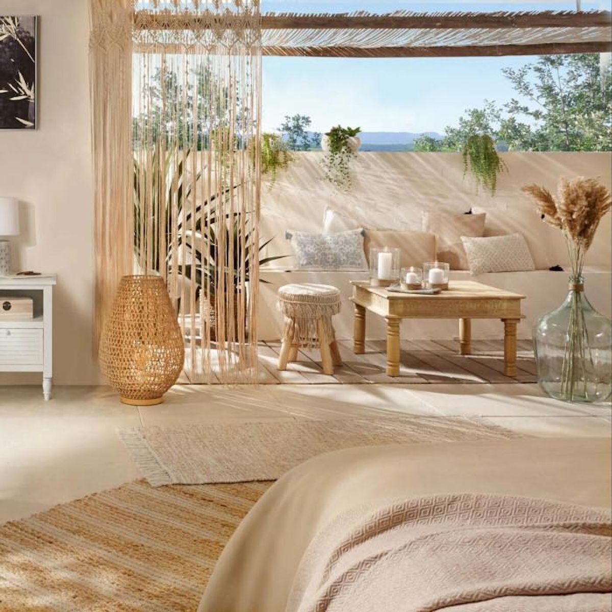 ATMOSPHERA Lampe à poser tressée en bois Eté Indien - H. 55 cm - Beige