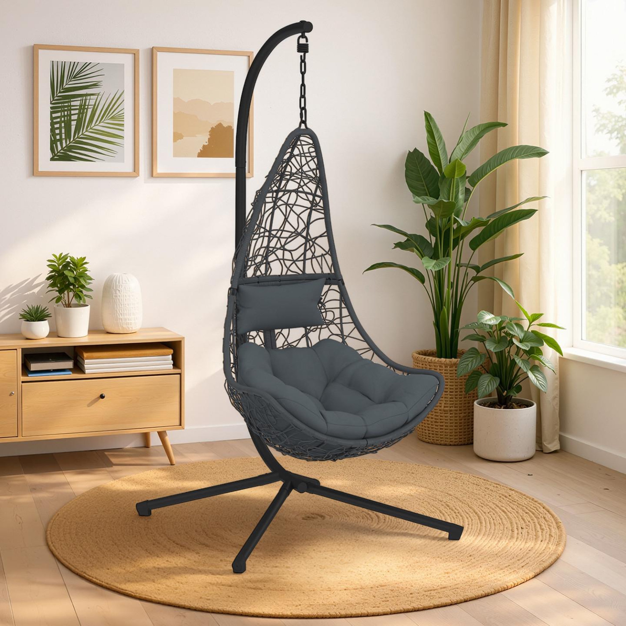 Voir la diapositive 3 : ID MARKET Fauteuil demi-lune suspendu ajouré effet rotin gris avec coussin gris